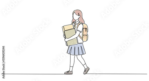 Schoolgirl Carrying Heavy Books and Backpack Symbolizing Education Pressure — one line doodle drawing with watercolor fill, minimalistic vector illustration on white background
