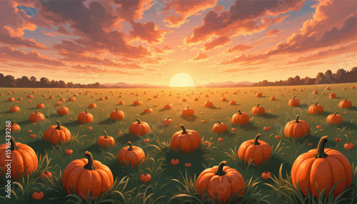Autumn Pumpkin Field at Sunset with Warm Orange Sky