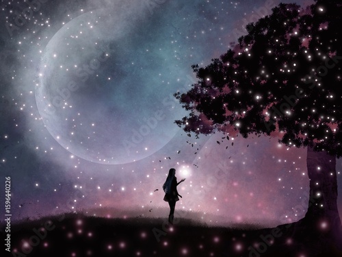Fotografie A long-haired girl stands under a tree on a full moon night with stars surrounding her like a dream