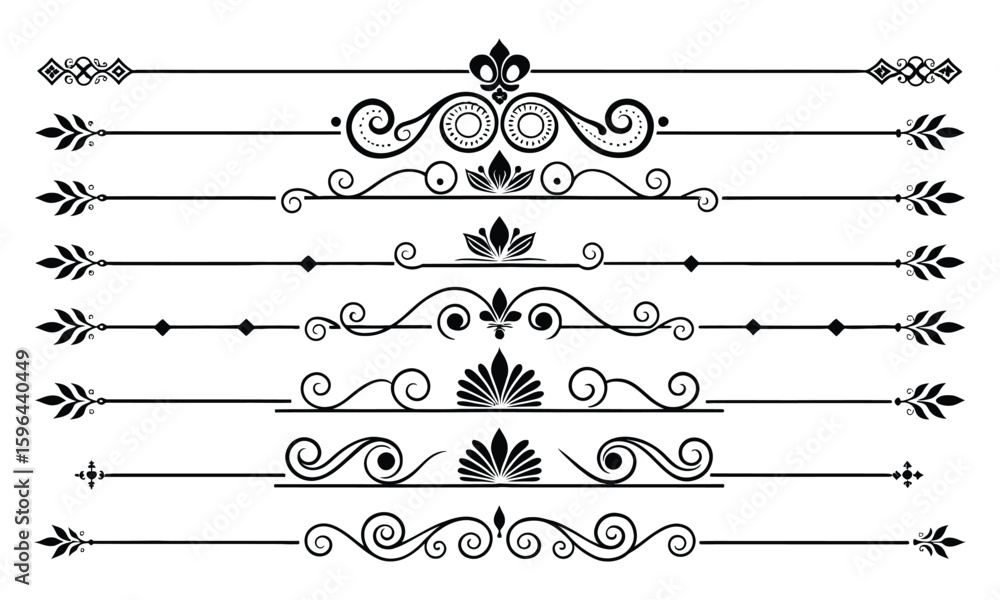 Fototapeta premium Decorative ornamental line divider set with floral and swirl designs for classic styling