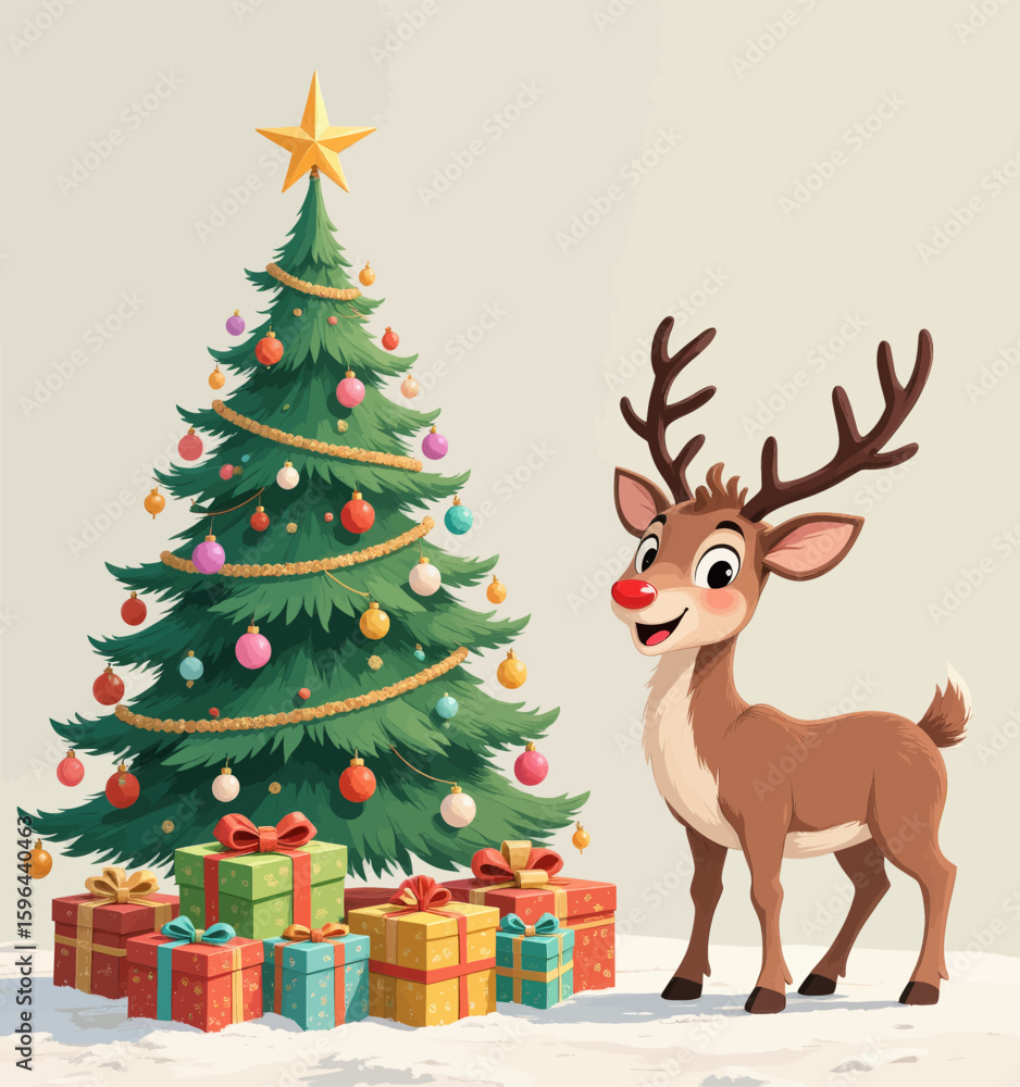 Naklejka premium Christmas Reindeer and Tree in Snowy Wonderland