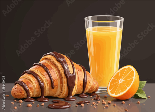 Chocolate-Drizzled Croissant with Orange Juice and Fresh Orange Slices