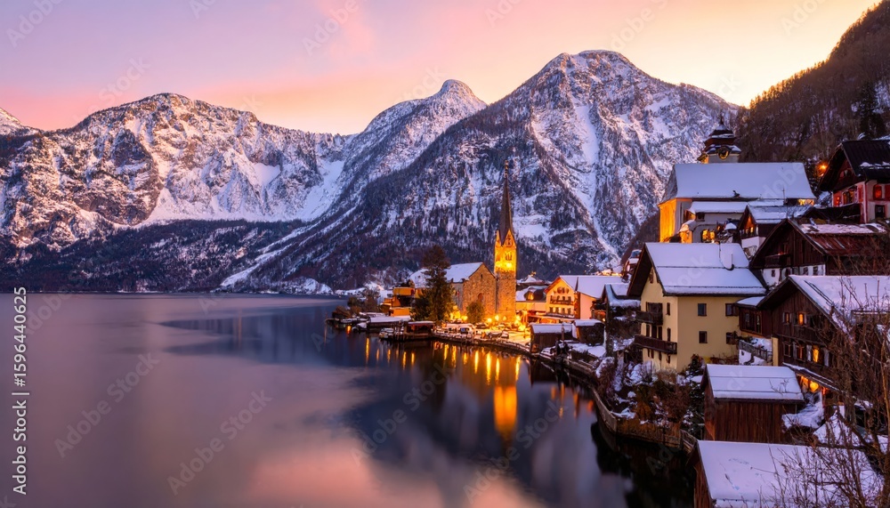 Obraz premium Scenic Hallstatt village at winter dusk