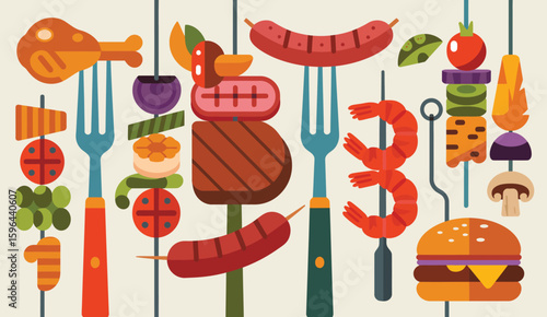 Delicious grilled foods on forks and skewers