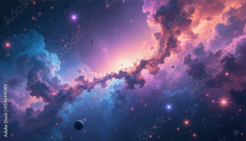 Cosmic Nebula Sunset with Planets and Stars