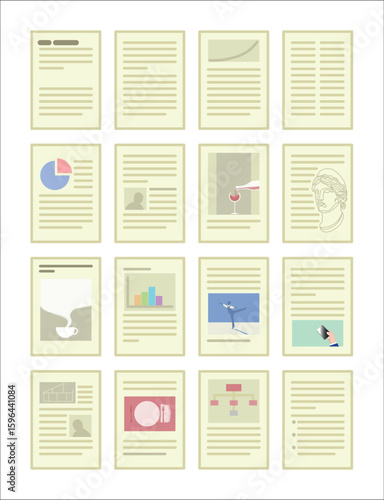Set of editorial icons showing layouts with text, images, infographics and structured page compositions