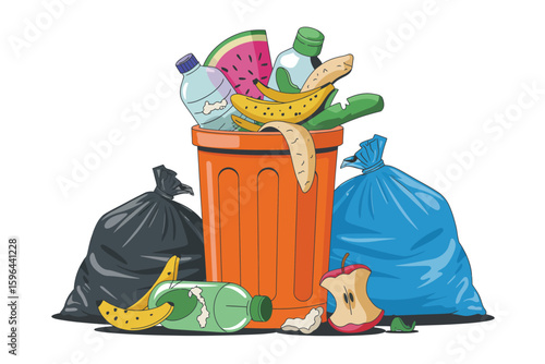 Overflowing trash can with garbage bags and scattered waste