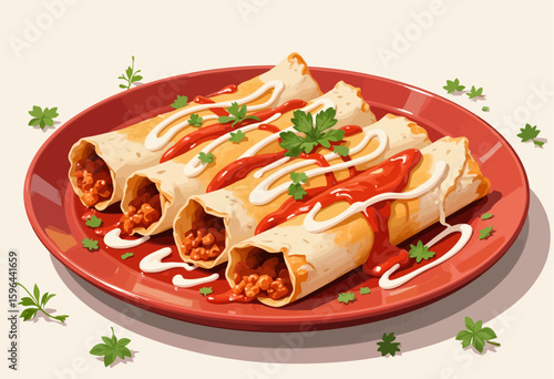 Delicious Enchiladas on Red Plate with Fresh Parsley