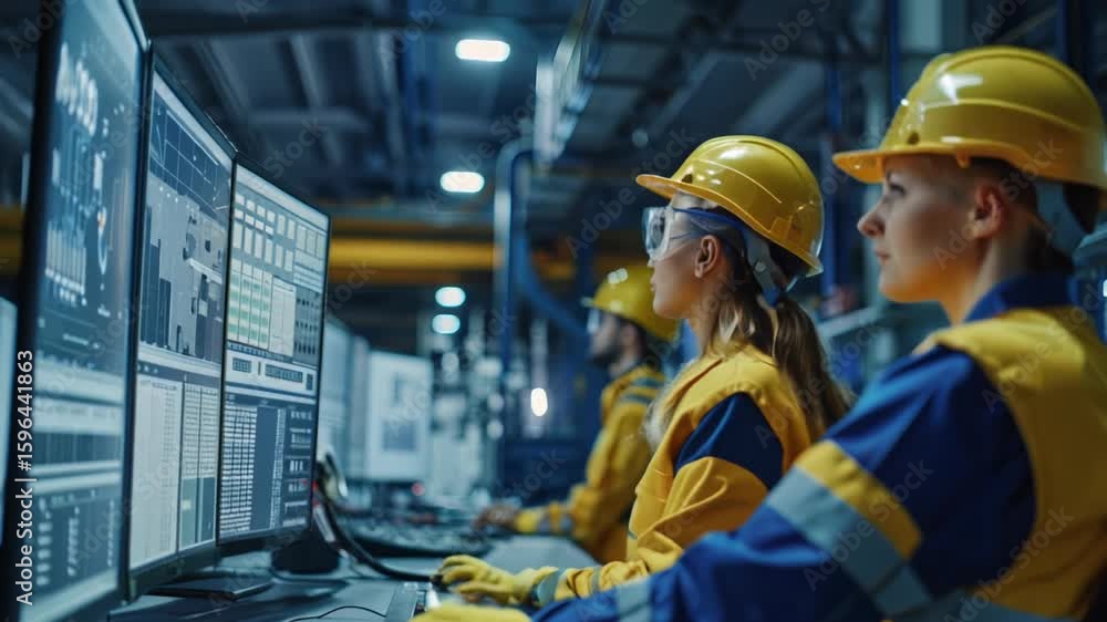 engineer analyzing data on computer screens in an advanced industrial control room wearing safety gear. engineer analyzing data on computer screens in an advanced industrial control room wearing safety gear.