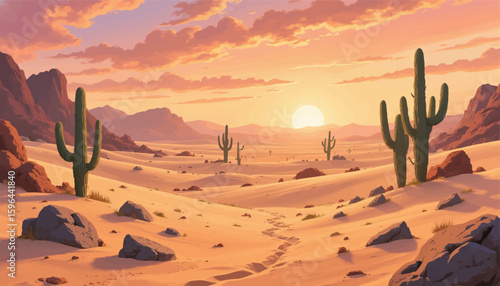 Desert Sunset with Cacti and Sand Dunes
