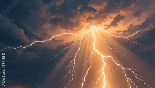 Dramatic Lightning Storm at Sunset with Golden Rays