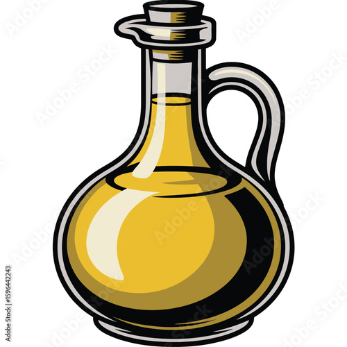 Glass bottle filled with golden cooking oil and a handle