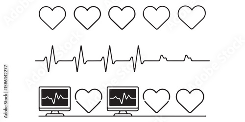 Black electrocardiogram line and heart icons with monitors