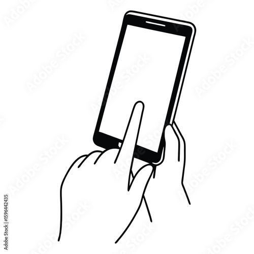 Close up of a finger touching a smartphone screen held by two hands in a simple line art illustration