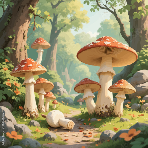 Enchanted Forest Path with Giant Mushrooms and Caterpillar