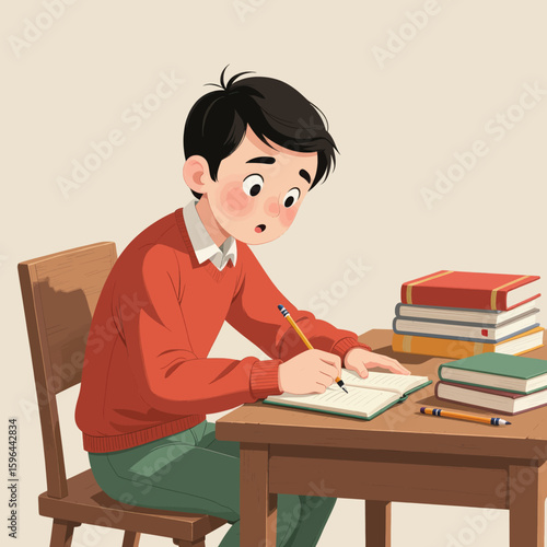 Focused Student Studying at Desk with Notebook and Pencils