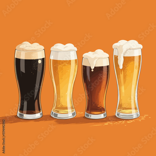 Four Varied Beers in Tall Glasses on Orange Background