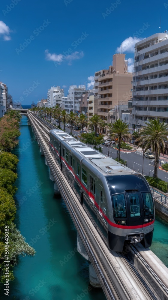 Obraz premium Modern metropolitan cityscape featu contemporary high-rise buildings along a scenic canal with a sleek automated train on elevated tracks under a clear blue sky