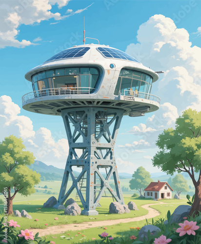Futuristic Treehouse in Lush Countryside Under Blue Skies