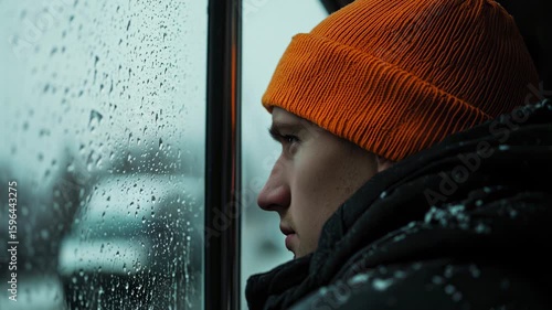 Young man and woman looking through a window with stylish winter clothing in a bus public transport