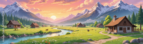 Idyllic Mountain Village at Sunset with Serene River and Cabins