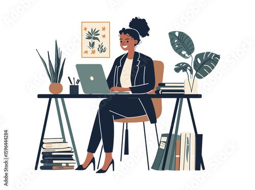 Cartoon businesswoman working on a laptop at her office desk surrounded by plants and books. She is dressed professionally and appears focused and confident. Minimalist interior decor.