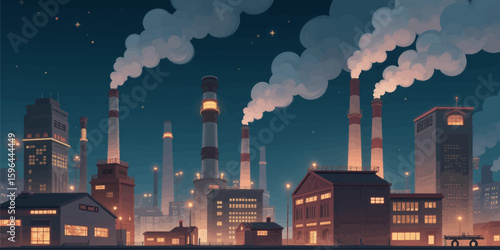 Industrial Night Skyline with Smokestacks and Glowing Lights