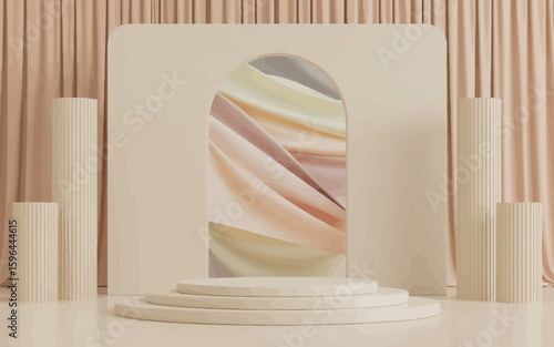 Soft pastel abstract art displayed on a pedestal with draped fabric background
