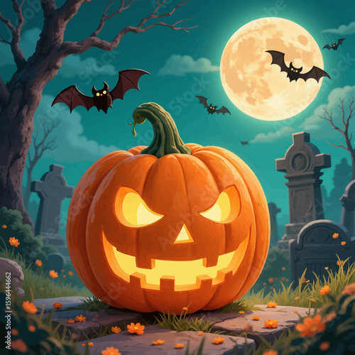 Luminous Jack-o'-Lantern in Haunted Graveyard Under Full Moon