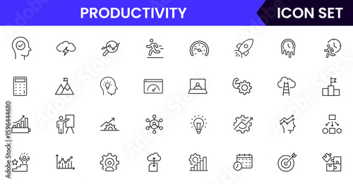 Productivity vector web line icon collection, sleek illustrations of tasks, clocks, calendars, efficiency tools for streamlined, effective designs.