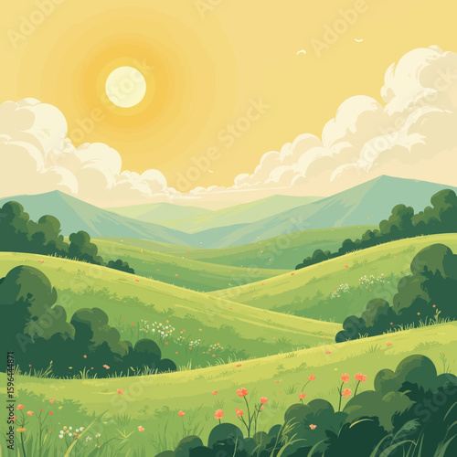 Lush Meadows in Golden Sunset with Wildflowers