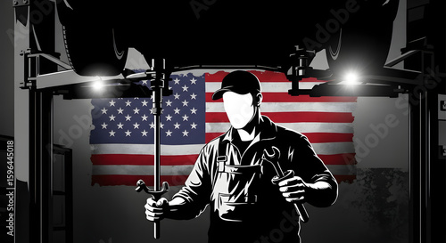 American Mechanic in an Auto Repair Shop with USA Flag
