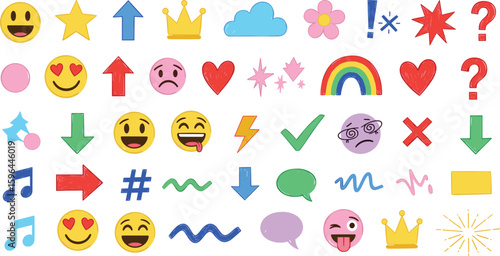 Smile brush hand drawn vector element set. Emoji fun face, heart, crown symbol crayon texture marker background kid sketch style hand drawn element. Scribble shape, smiley face
