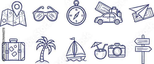 Summer travel vacation drawn icon set. Hand drawn sketch doodle style summer trip, vacation icon.