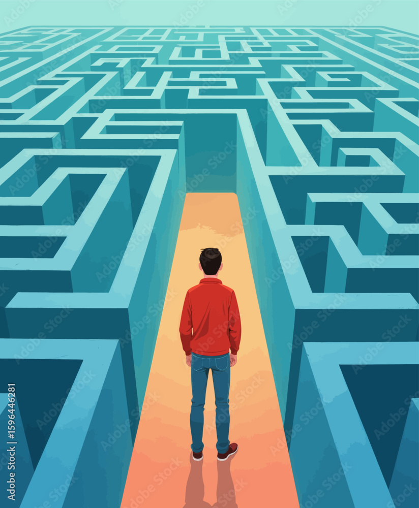 Navigating Life's Maze: Young Man in Red Jacket Faces Labyrinth of Choices Navigating Life's Maze: Young Man in Red Jacket Faces Labyrinth of Choices