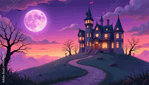 Mystical Mansion Under Full Moon with Whimsical Path