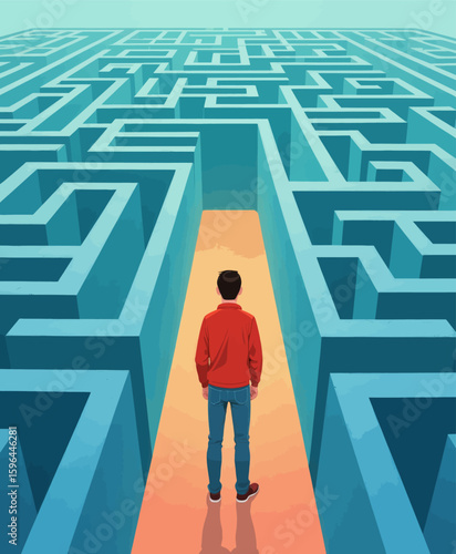 Navigating Life's Maze: Young Man in Red Jacket Faces Labyrinth of Choices