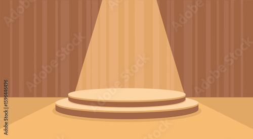 Empty wooden stage spotlighted with warm light