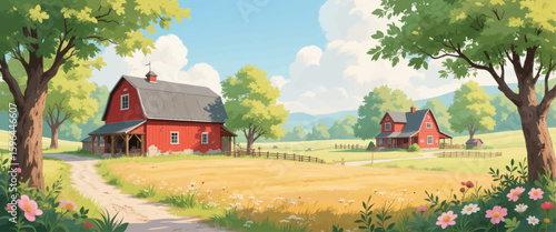 Pastoral Farm Scene with Red Barn and Wildflowers
