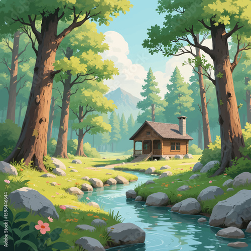 "Peaceful Forest Cabin by Babbling Brook in Summer"