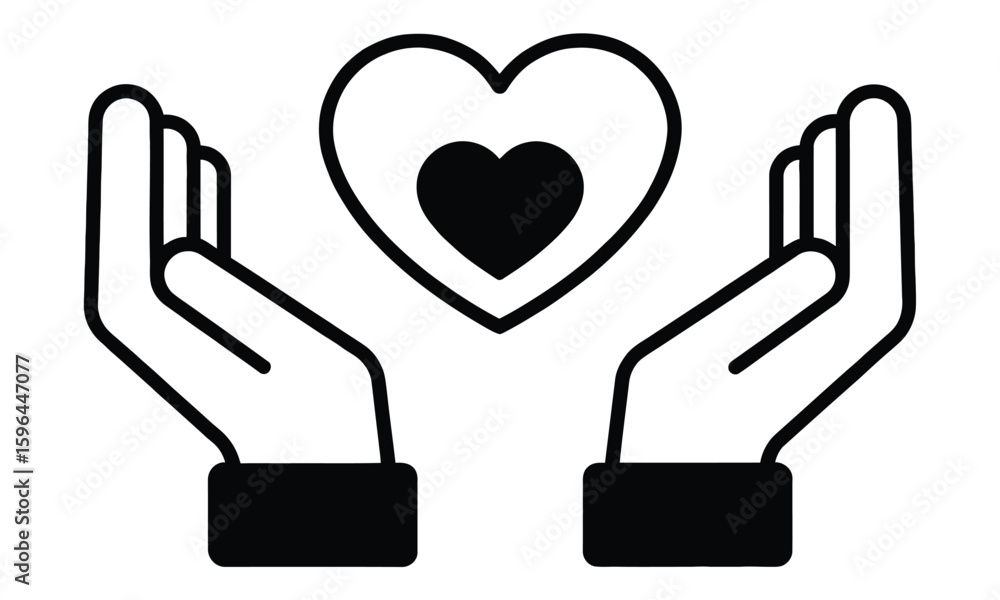 Fototapeta premium Hands holding heart icon symbolizing love care support and charity in flat vector style