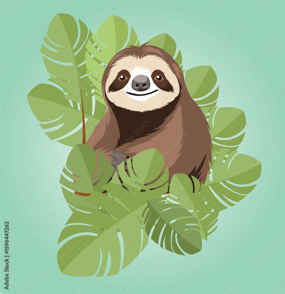 Obraz premium Smiling sloth relaxing in lush tropical foliage