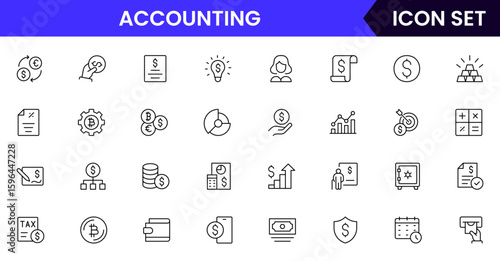 Vector line icon collection highlighting accounting elements such as calculators, charts, invoices, money, and reports ideal for finance, bookkeeping, and business platforms.