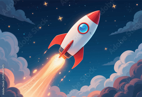 Rocket Launching Through Starry Night Sky with Clouds
