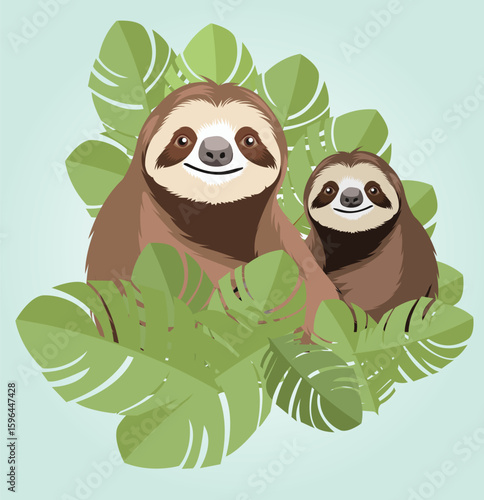 Smiling sloth relaxing in lush tropical foliage