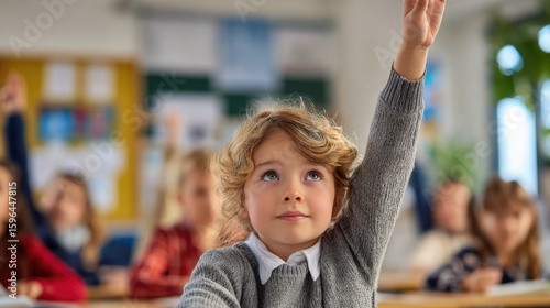 Wallpaper Mural Young schooirl raising her hand in a classroom du a lesson with classmates and educational materials in the background Torontodigital.ca
