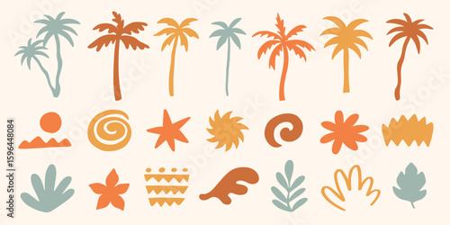 Tropical palm tree, cacti vector illustration set