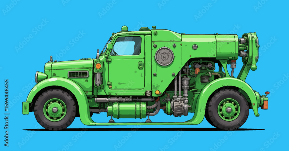 Naklejka premium Steampunk Green Truck on Blue Sky