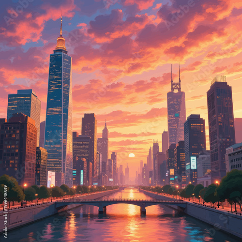 Sunset Skyline of New York City with River and Bridge