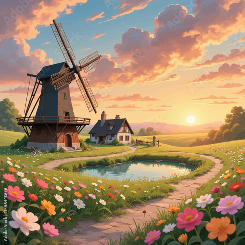 "Sunset Windmill Path: Serene Countryside with Wildflowers"